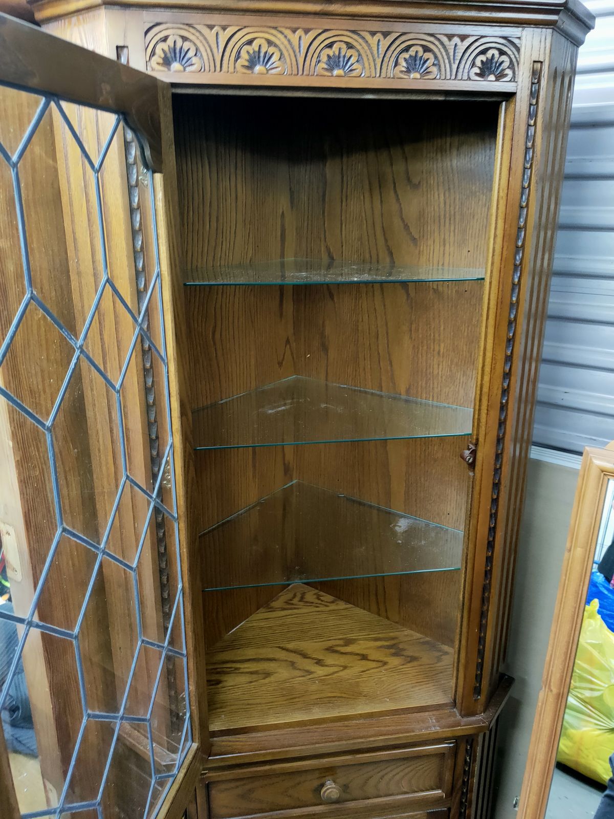 Late Century   Oak Fronted Corner Cabinet, With Ornate Carving And Glass Shelving C1970 photo for sale