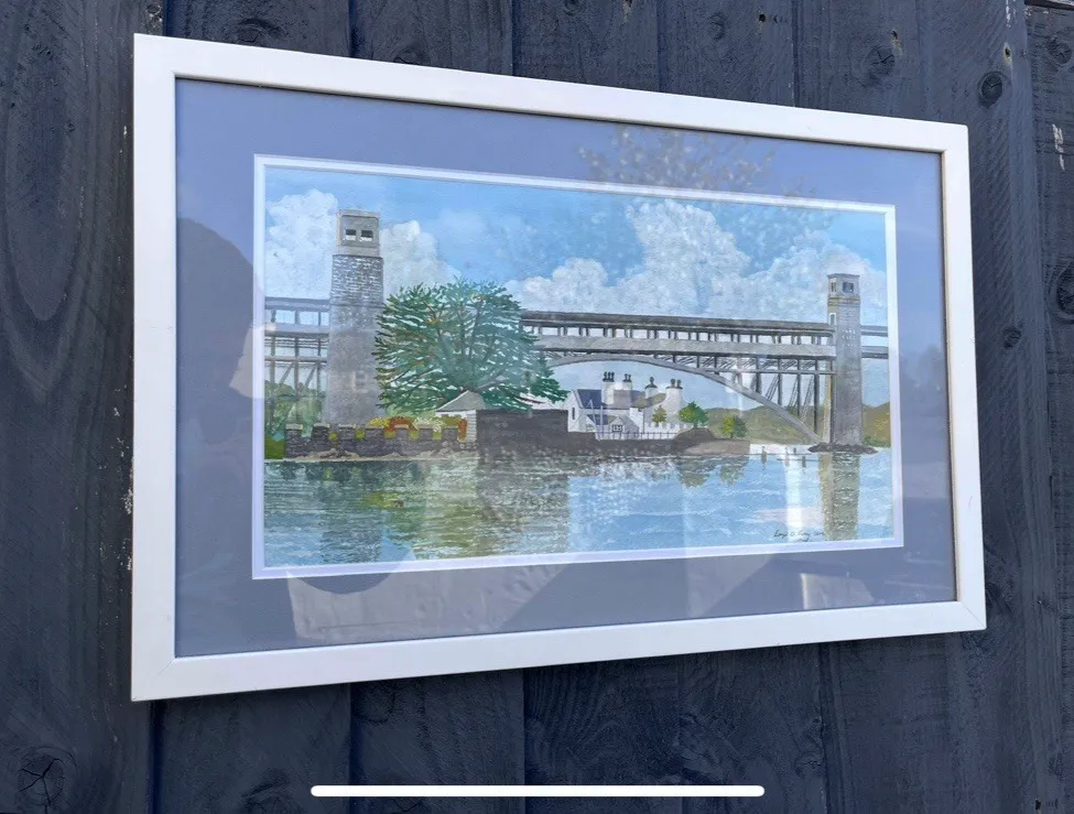 Original Framed Watercolour Painting Britannia Bridge Menai Straits Anglesey photo furniture