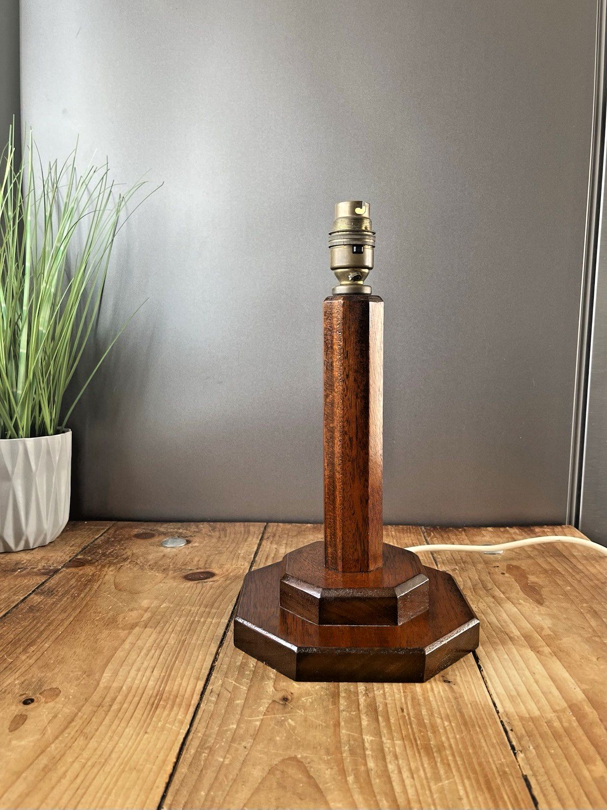 Antique Art Deco Octagonal Oak Faceted Wood Stepped Base Table Desk Lamp Base photo for sale