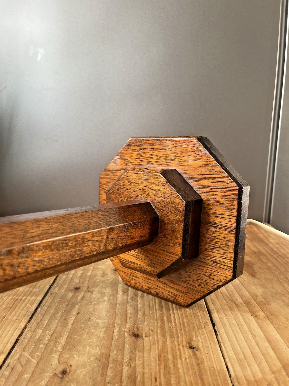 photo furniture Antique Art Deco Octagonal Oak Faceted Wood Stepped Base Table Desk Lamp Base