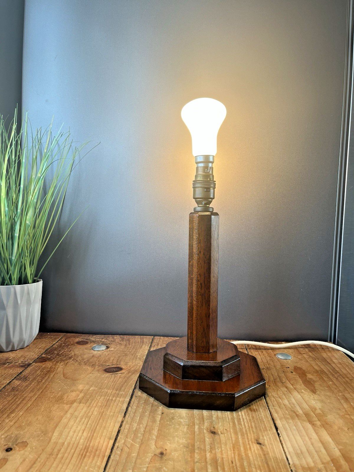 photo for sale Antique Art Deco Octagonal Oak Faceted Wood Stepped Base Table Desk Lamp Base