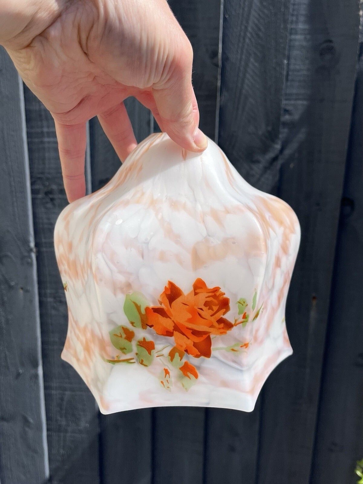 89.0 Antique 1920's Art Deco Floral Painted Marbled Glass Lamp Light Shade Vintage photo
