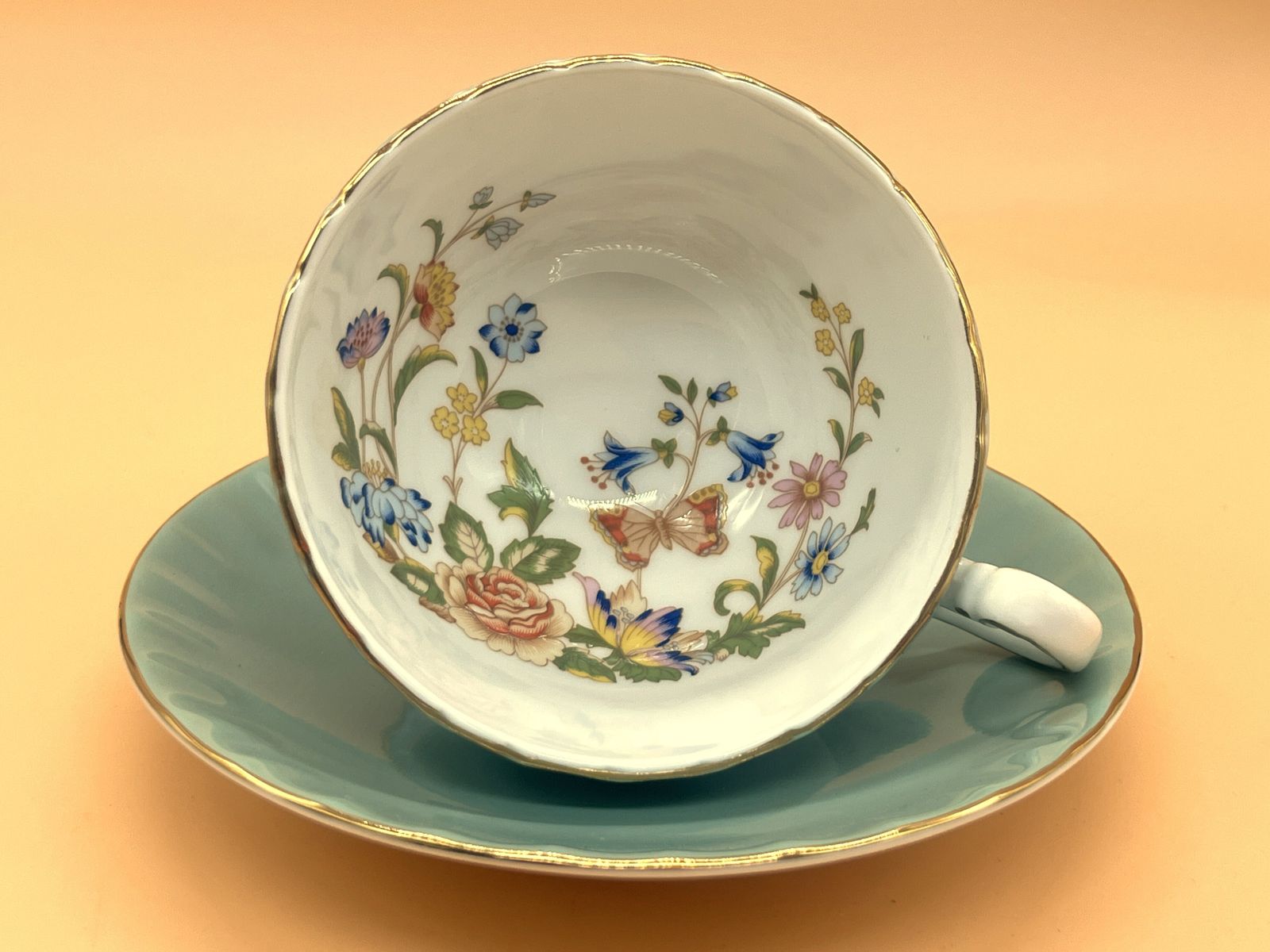 Aynsley China Oban Shape Cottage Garden Pale Green Cabinet Tea Cup & Saucer Duo.