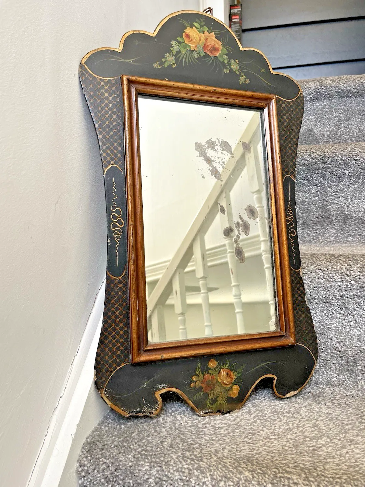 Antique C1890 Aesthetic Movement Lacquered Papier Mache Floral Black Gold Mirror photo for sale