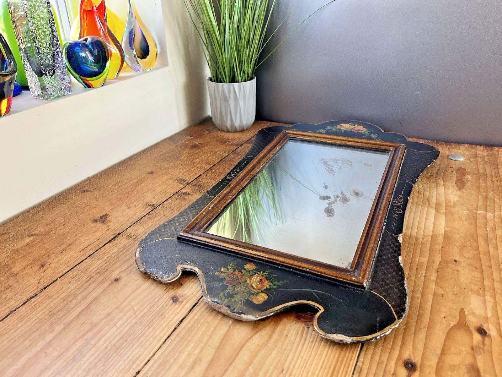 Antique C1890 Aesthetic Movement Lacquered Papier Mache Floral Black Gold Mirror photo Home Decor