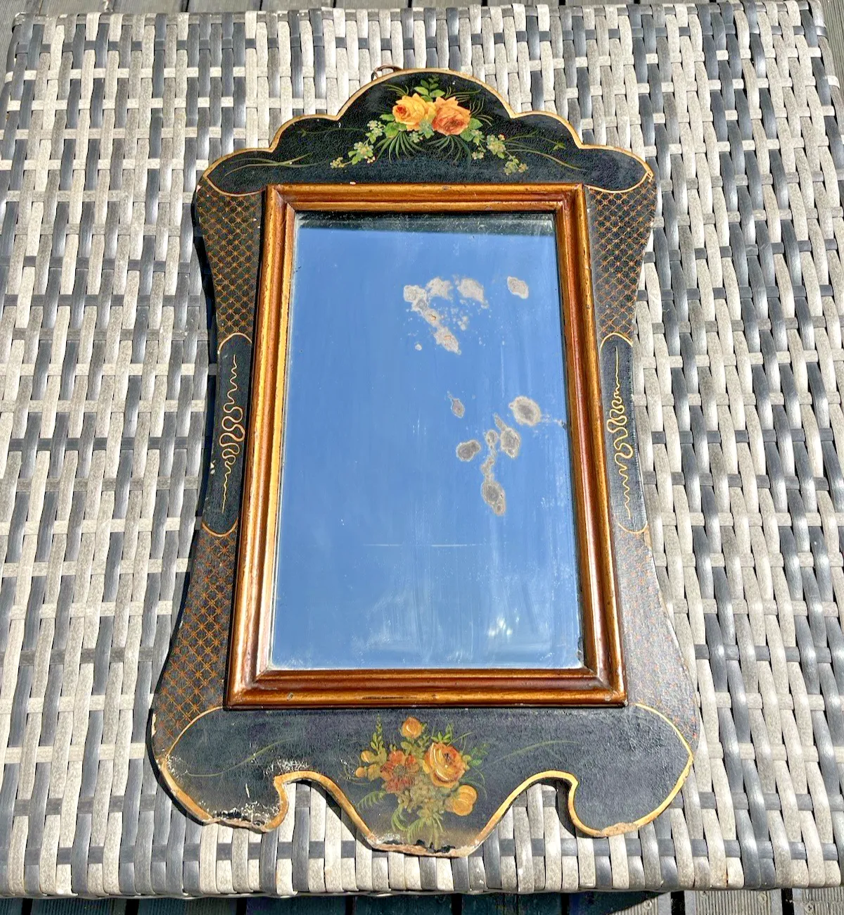 Antique C1890 Aesthetic Movement Lacquered Papier Mache Floral Black Gold Mirror photo buy