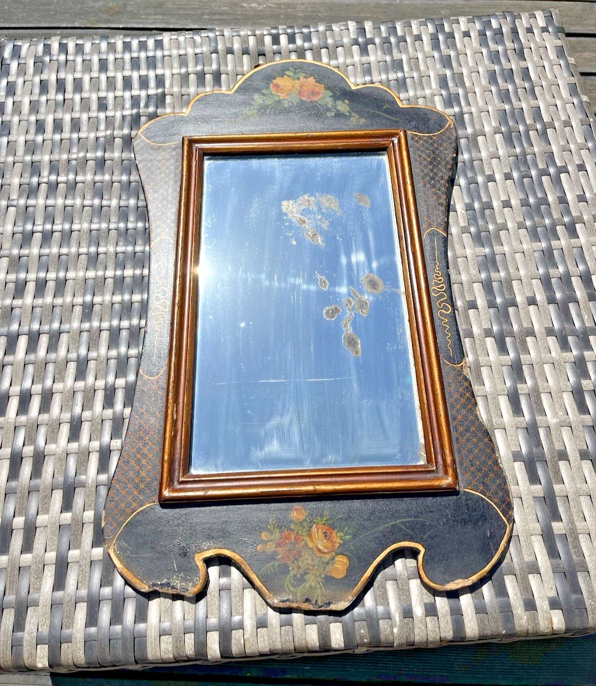 Antique C1890 Aesthetic Movement Lacquered Papier Mache Floral Black Gold Mirror photo vintage