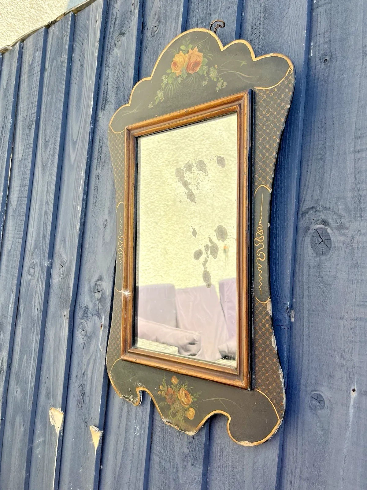 photo furniture Antique C1890 Aesthetic Movement Lacquered Papier Mache Floral Black Gold Mirror