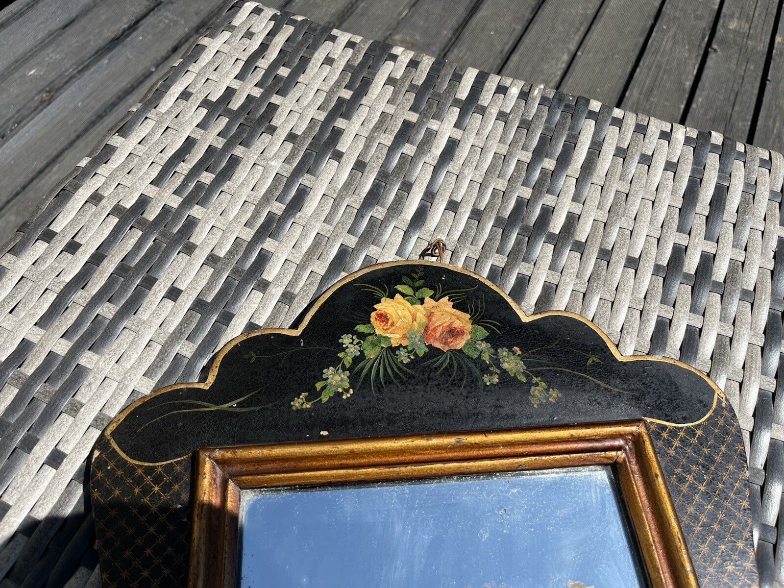 Home Decor Antique C1890 Aesthetic Movement Lacquered Papier Mache Floral Black Gold Mirror photo