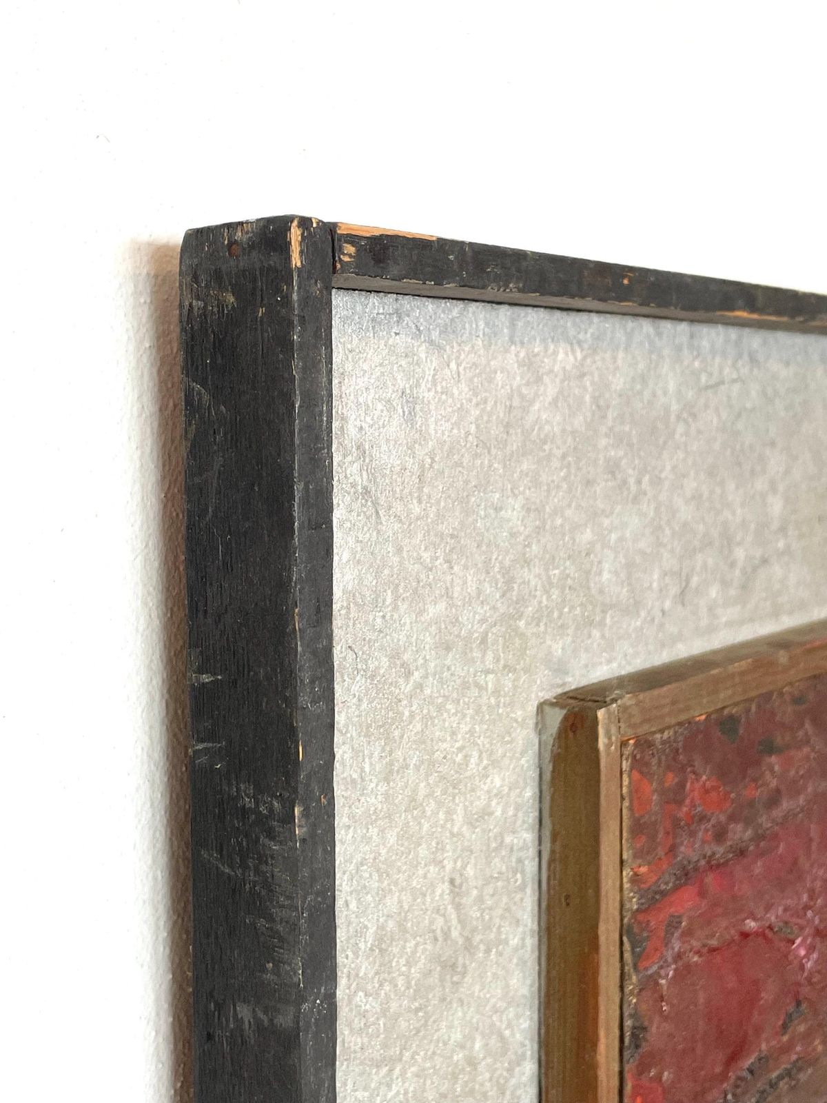 photo furniture Abstract Original Danish Mid Century Oil On Plate Painting By Poul Laulund From The 1970s In Red Nuances And Silver Details