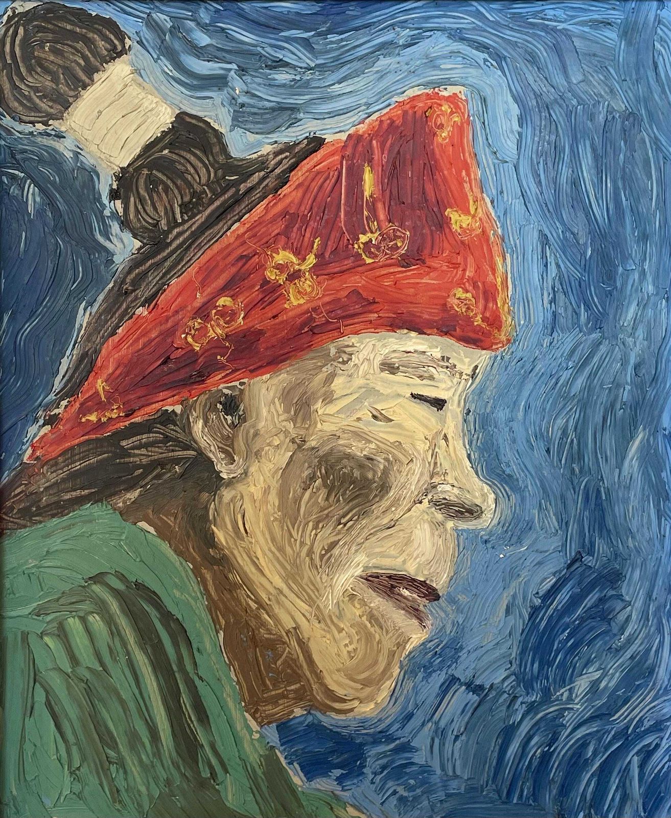 Unique Mid Century Expressionist Vintage Oil Painting From The 1970s With Portrait Motive In Strong Colours Framed In Wooden Frame photo for sale