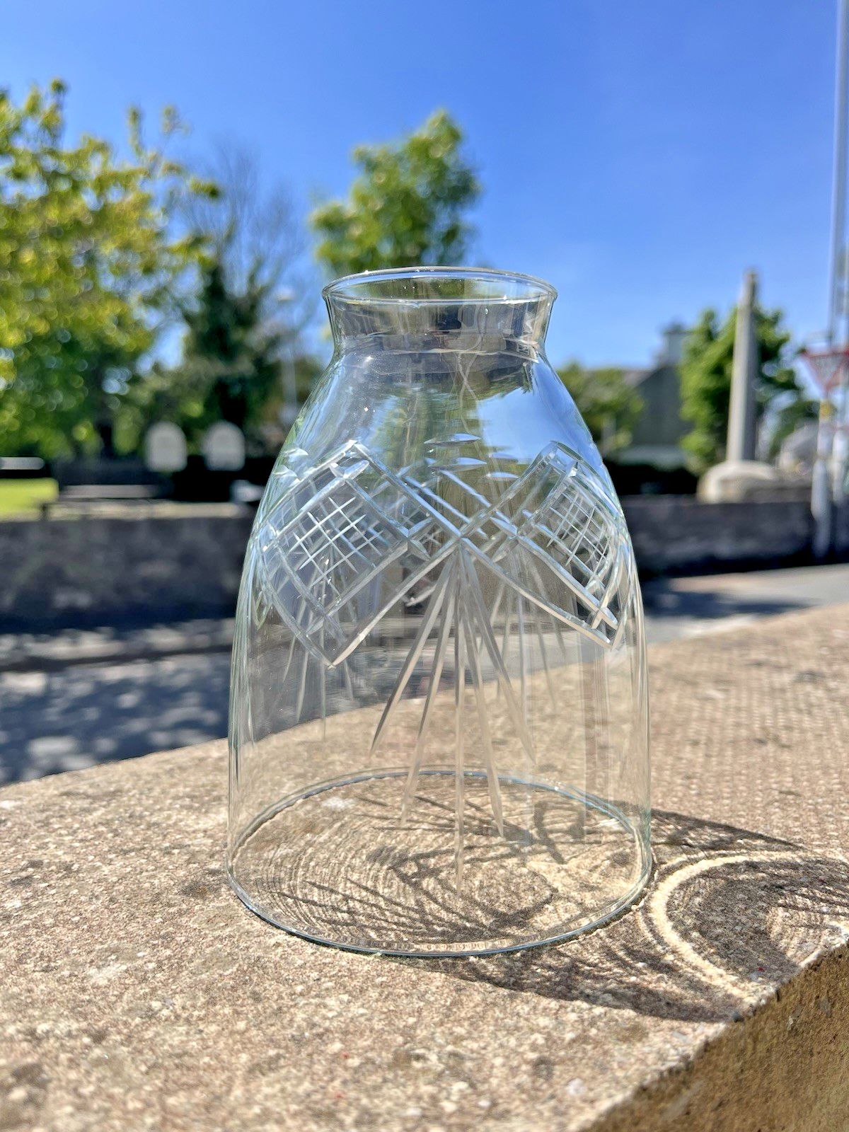 1 Antique Art Deco 1920's Geometric Etched Glass Lamp Shade & Brass Gallery photo for sale