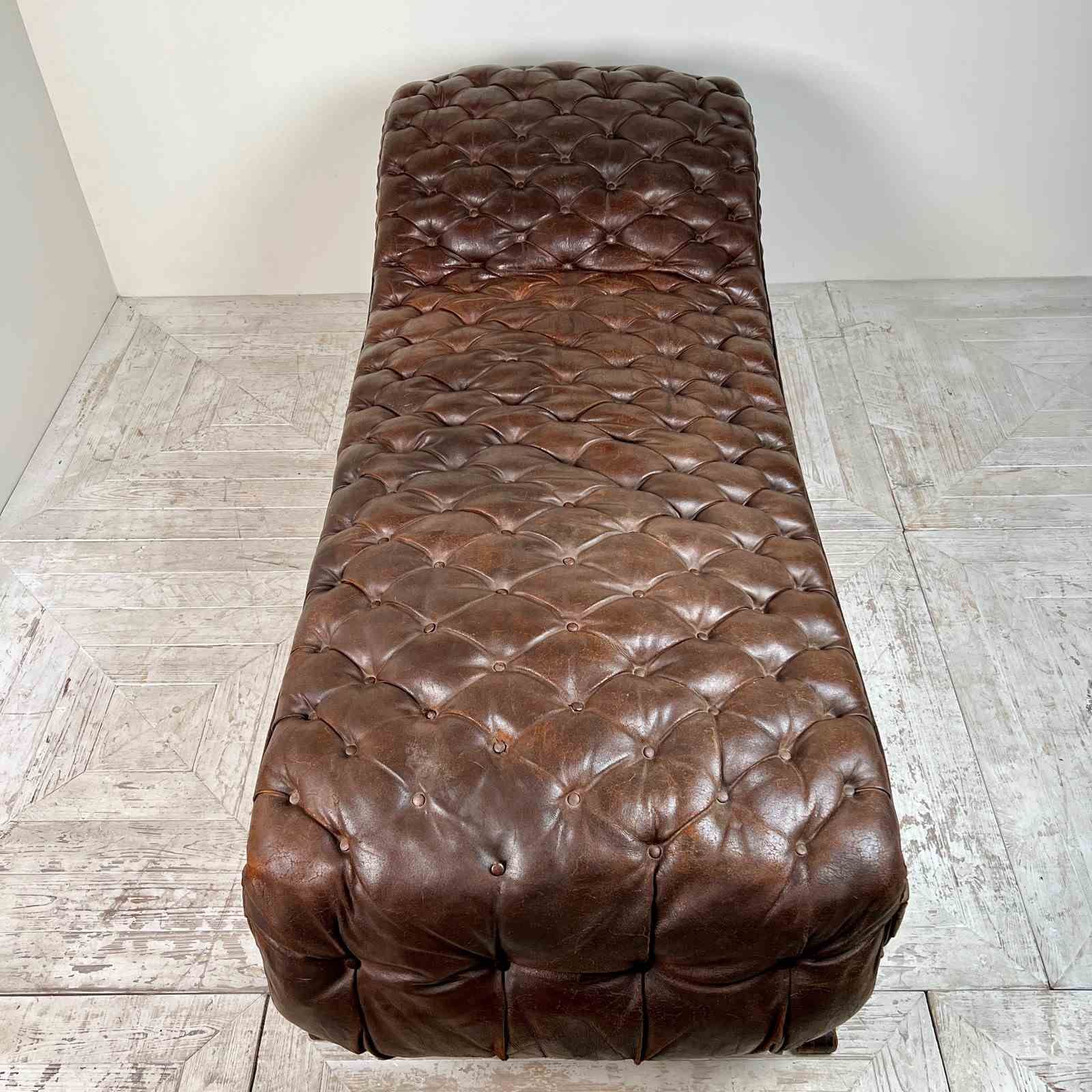 photo for sale Large French C19th Antique Tufted Brown Leather Chaise Longue