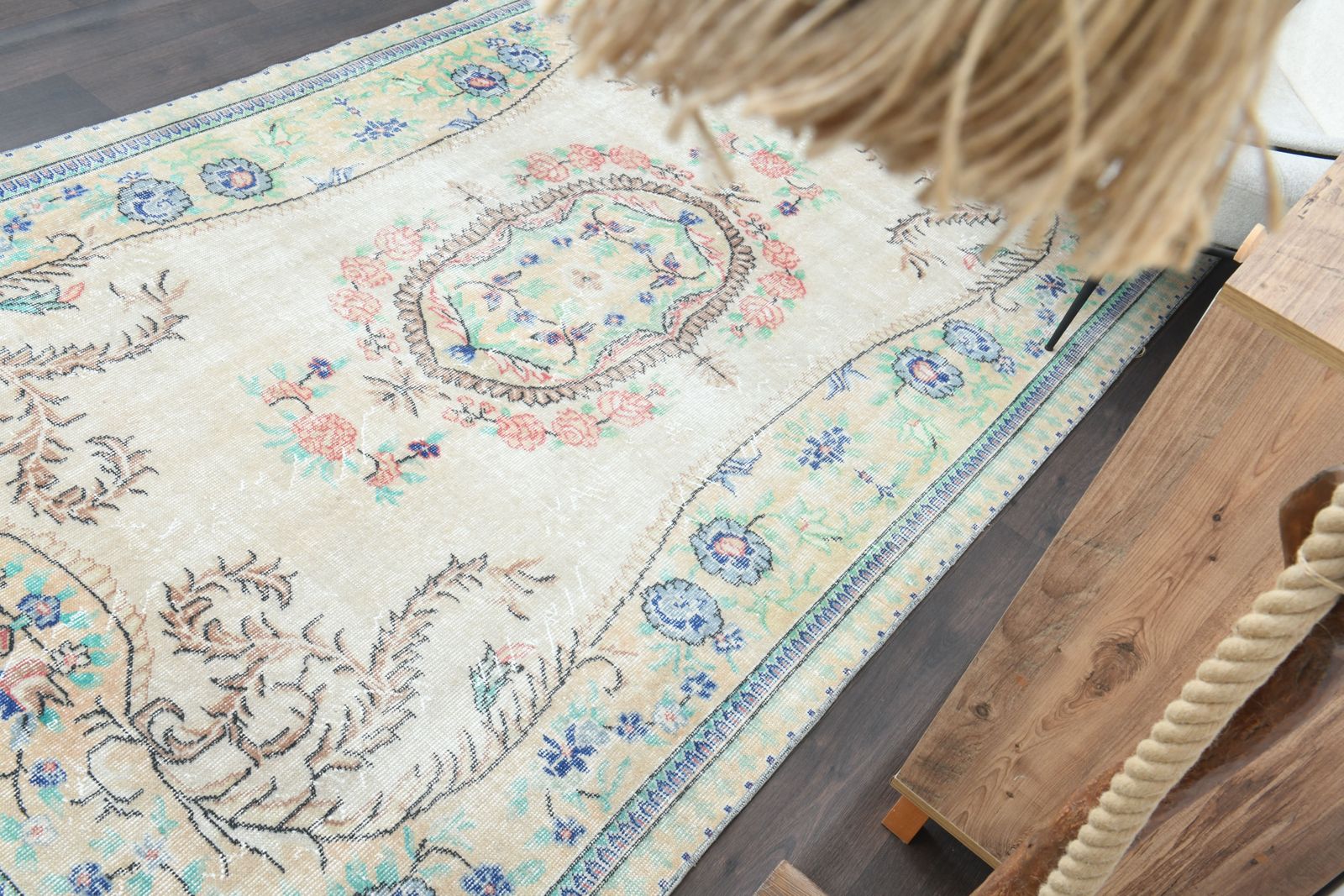 photo for sale 5'5x9'2 Ft, Turkish Vintage Area Rug, Shabby Decor, Rugs For Living Room, Handmade Anatolian Carpet, Beige Green Blue Color, Floral Design, Soft Wool