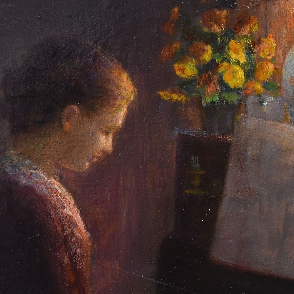 Antique Woman Portrait Painting, Young Woman Playing The Piano, Oil On Canvas, XX Century. (Qr574) photo buy