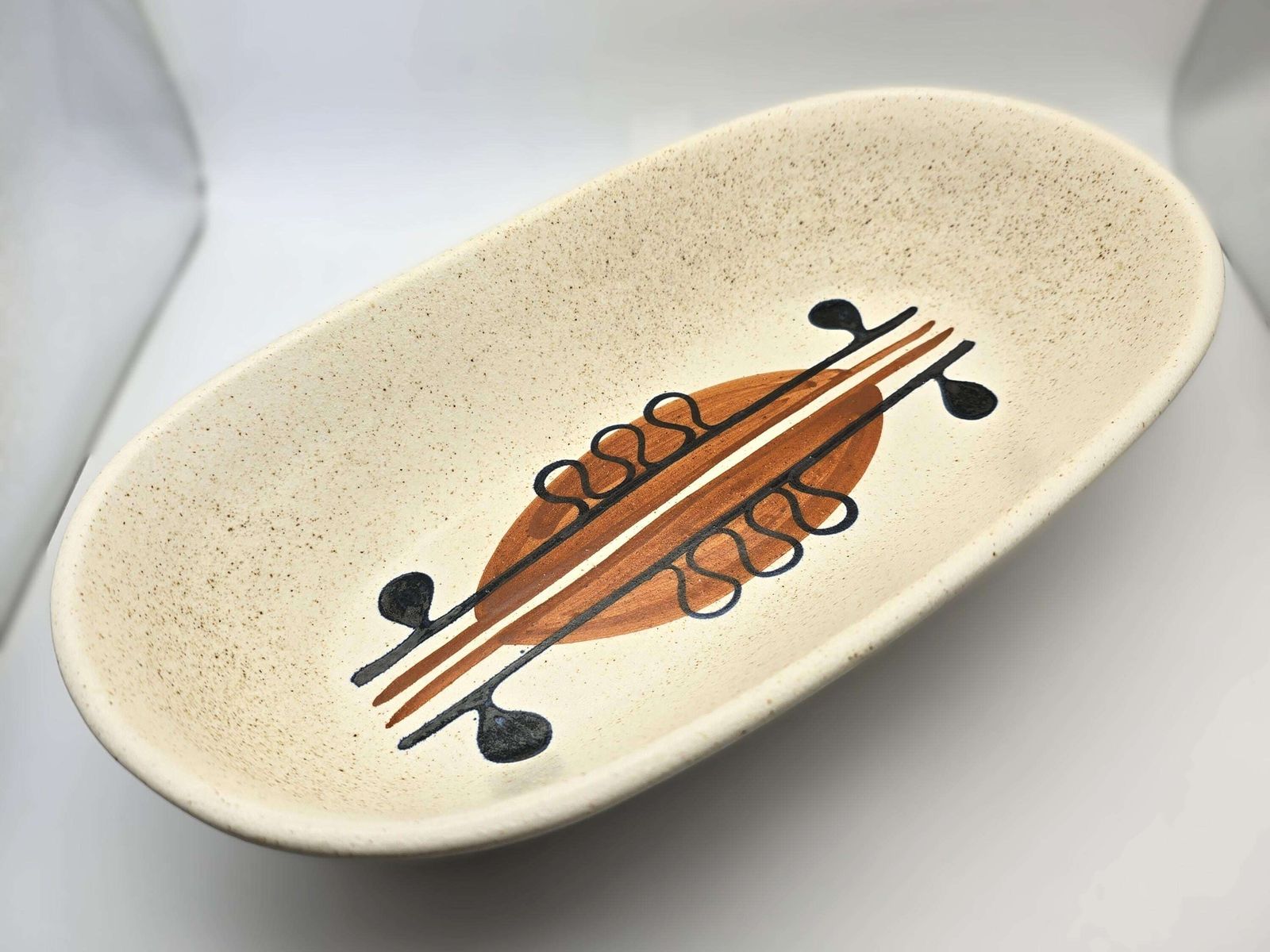 Mcm Xl Stoneware Dish   Lapid Studio Pottery Israel Art Ceramic Bowl With Geometric Black And Orange Design Signed Batia photo furniture