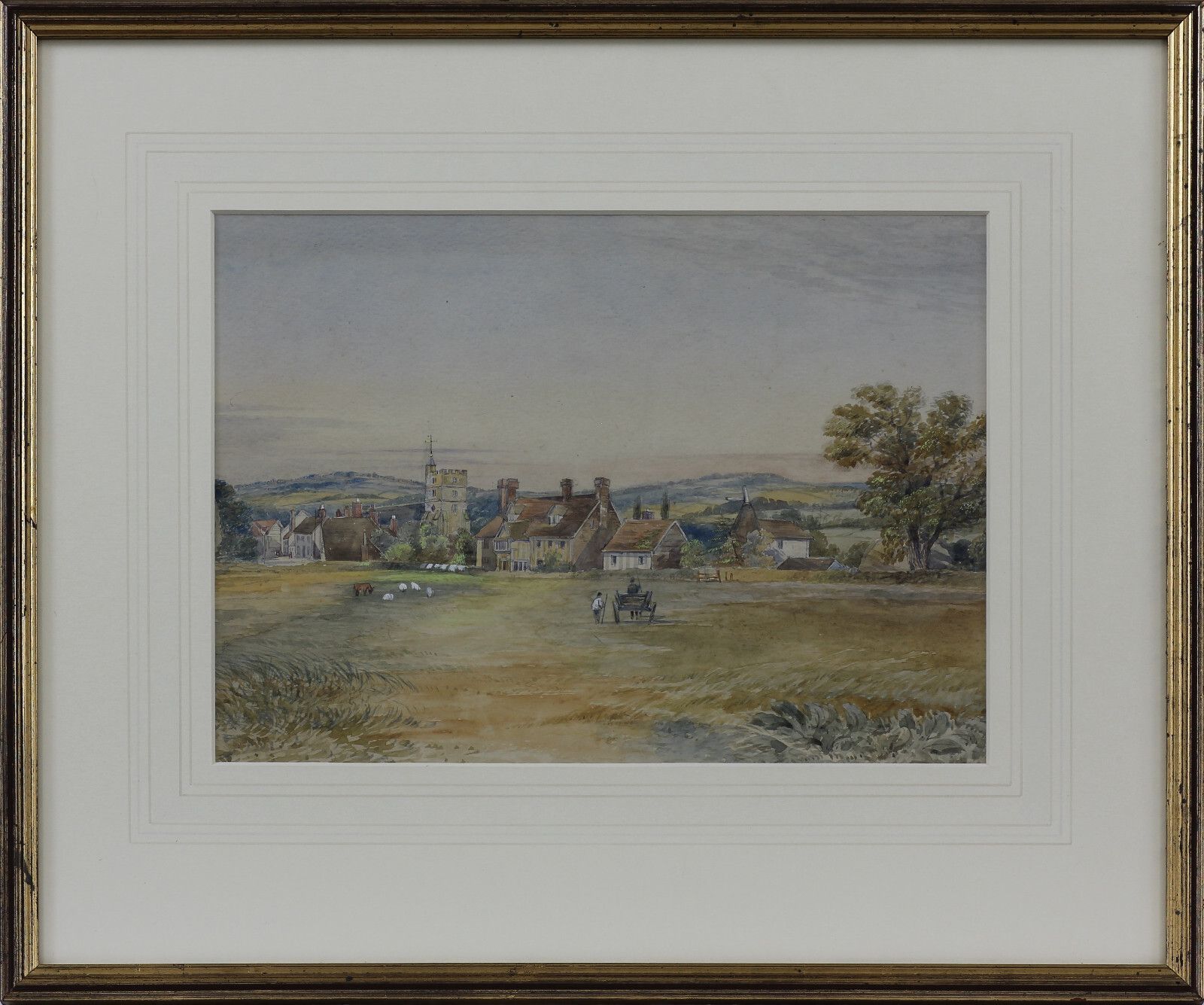 Unsigned Watercolour Of A Village In Kent With Oast House photo for sale