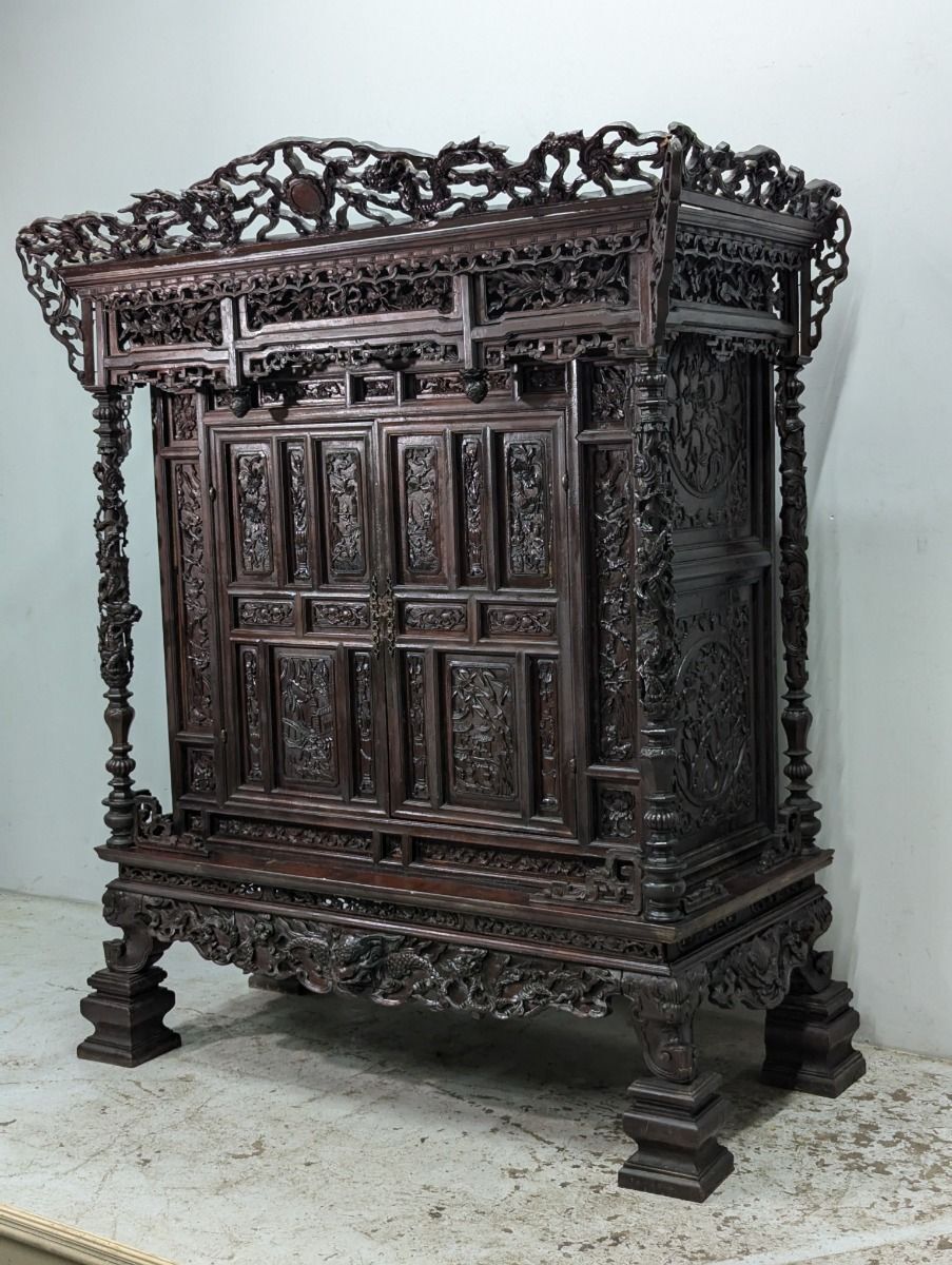 Large Indochinese Cabinet With Exotic Wood Dragon Decoration photo for sale