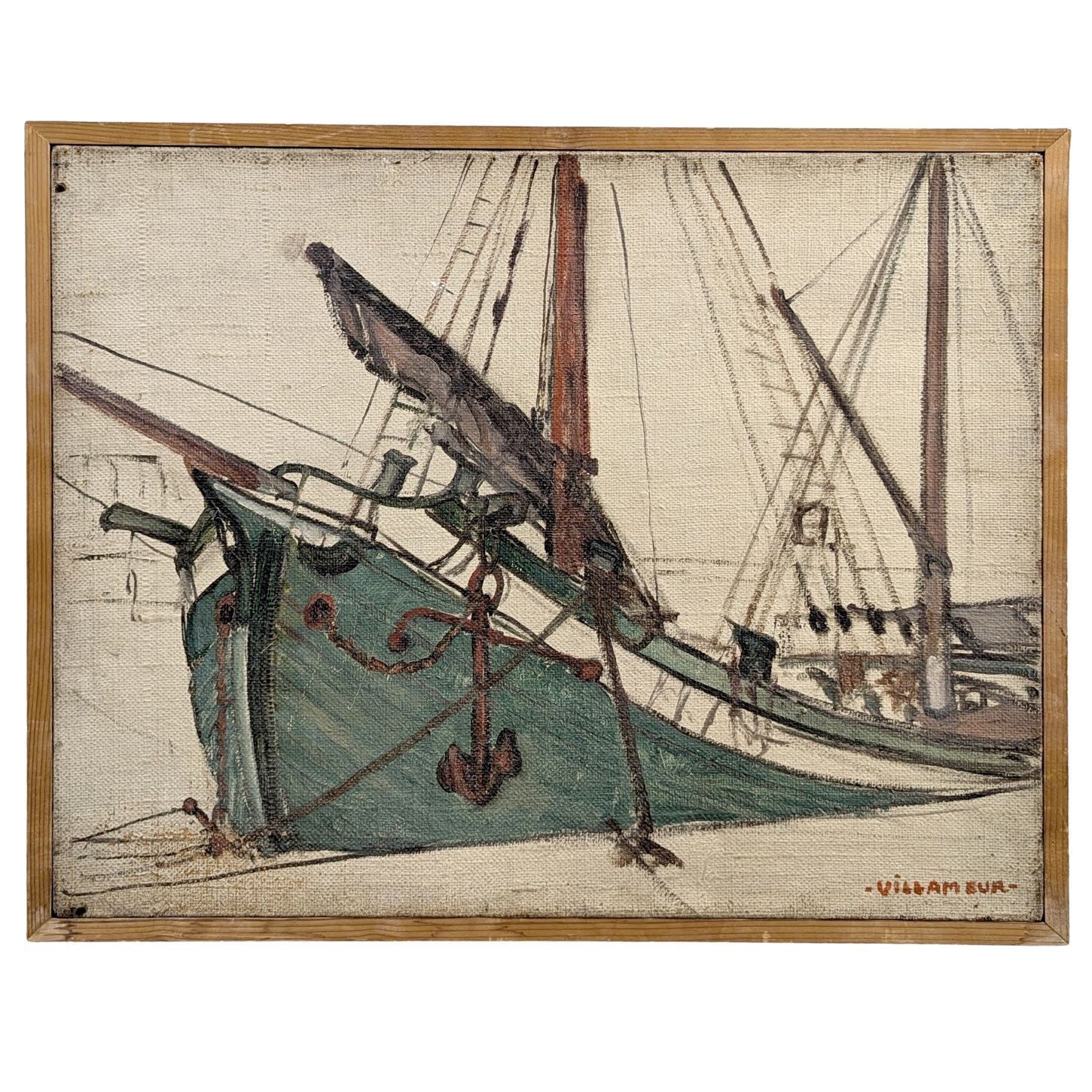 Sailboat In Port, Circa 1930 Oil On Canvas Signed Lower Right Willameur
