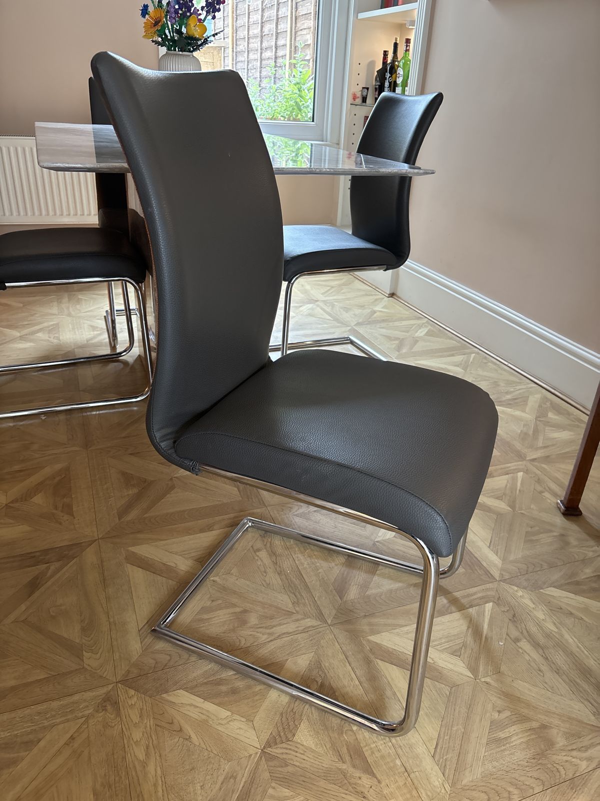 Cantilever Dining Chairs (X4) In Faux Grey Leather. photo for sale