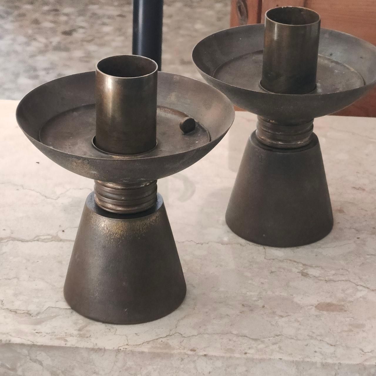 Pair Of 1930s Italian Art Deco Solid Brass Candelabras With Original Patina photo vintage