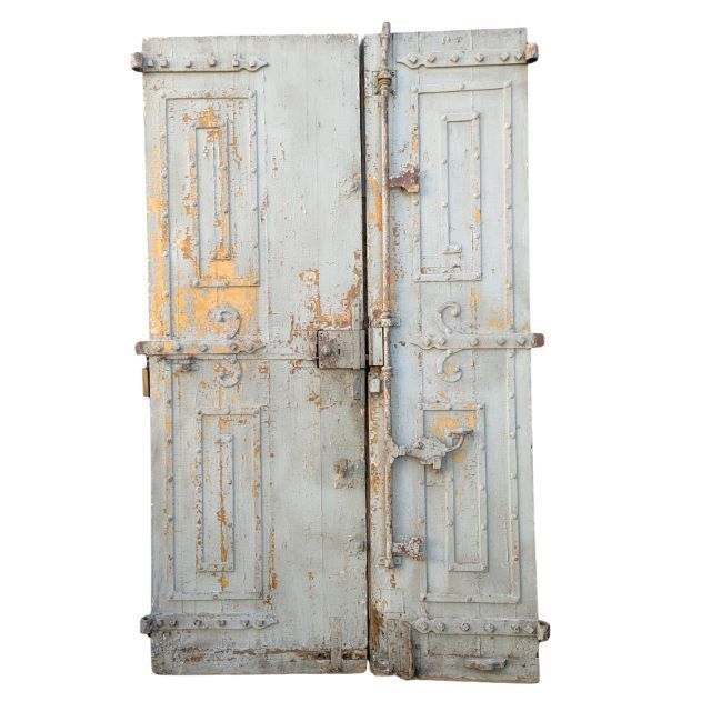 Pair Of Carved Wooden Doors With Molded Panels, Antique Ironwork – France, Louis XVI Period, Late 18th Century photo for sale