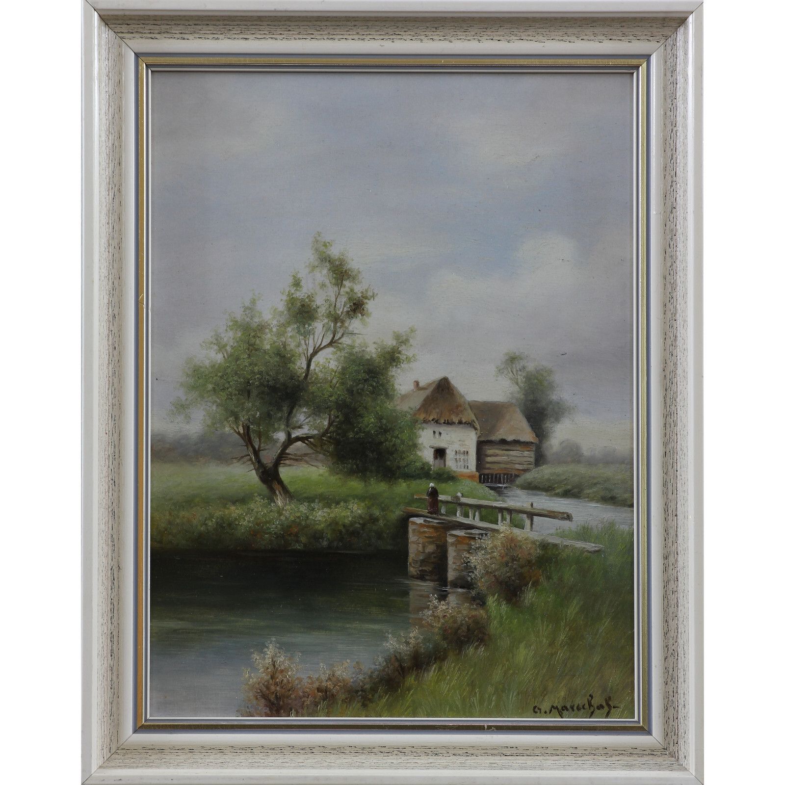 Oil On Board Signed G. Marechal. Cottage By A River