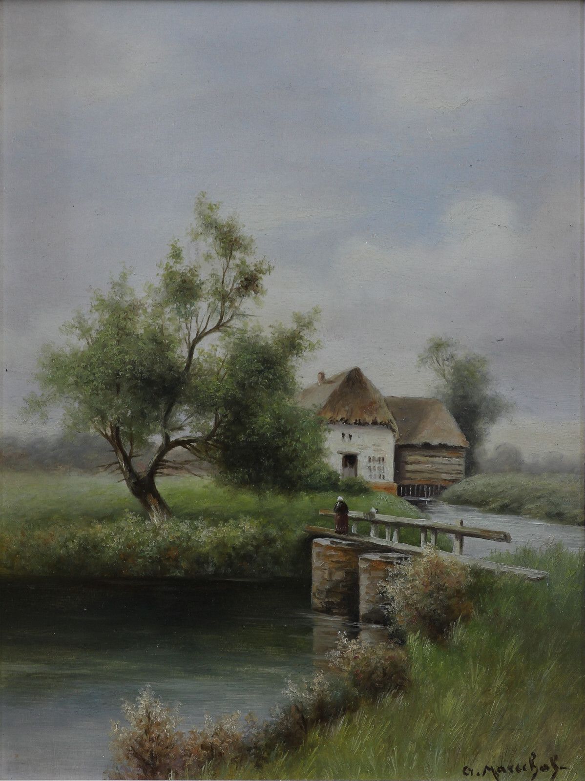 Oil On Board Signed G. Marechal. Cottage By A River photo furniture