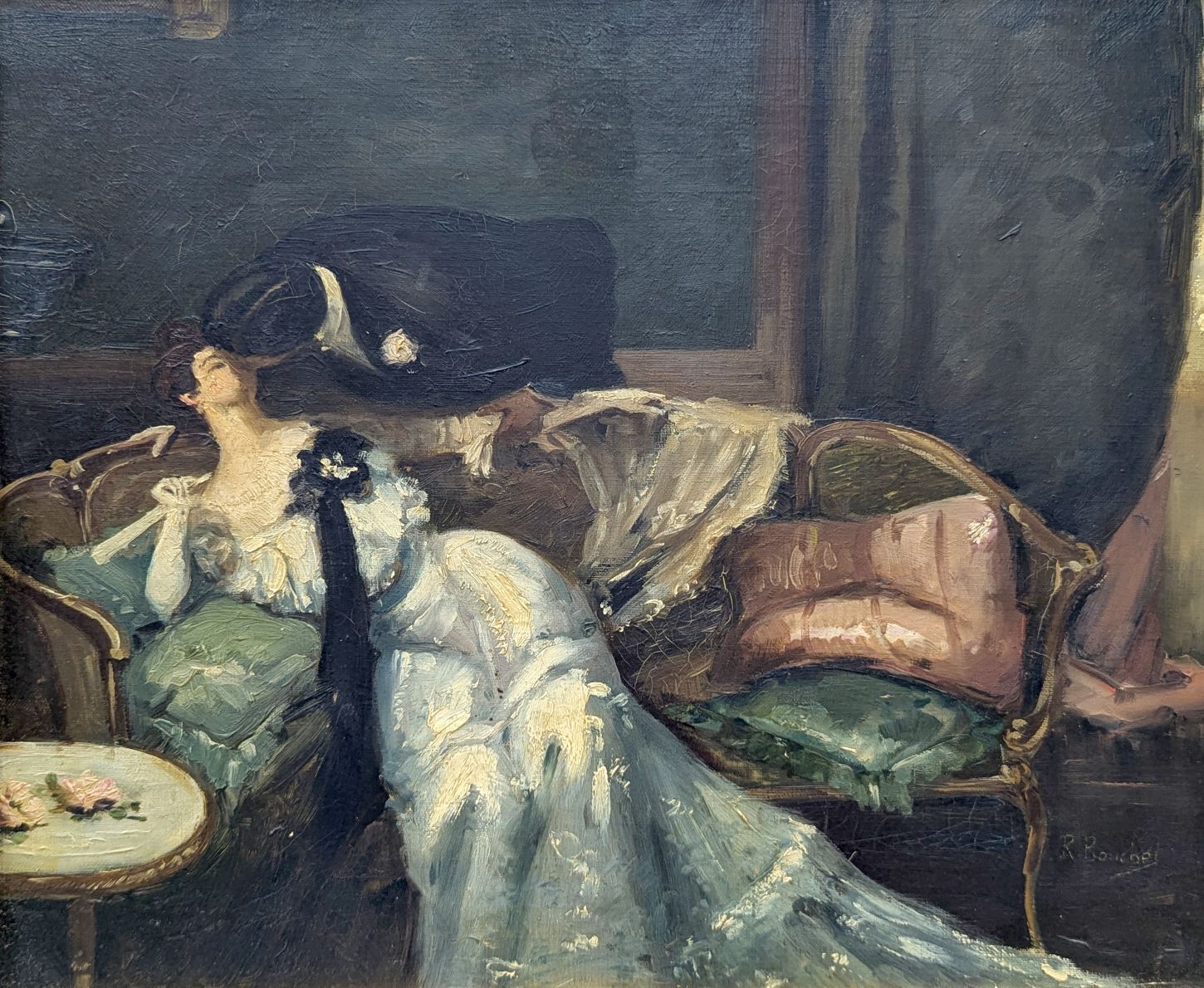 R Bouchet, The Waiting – Belle époque Gallant Scene photo furniture