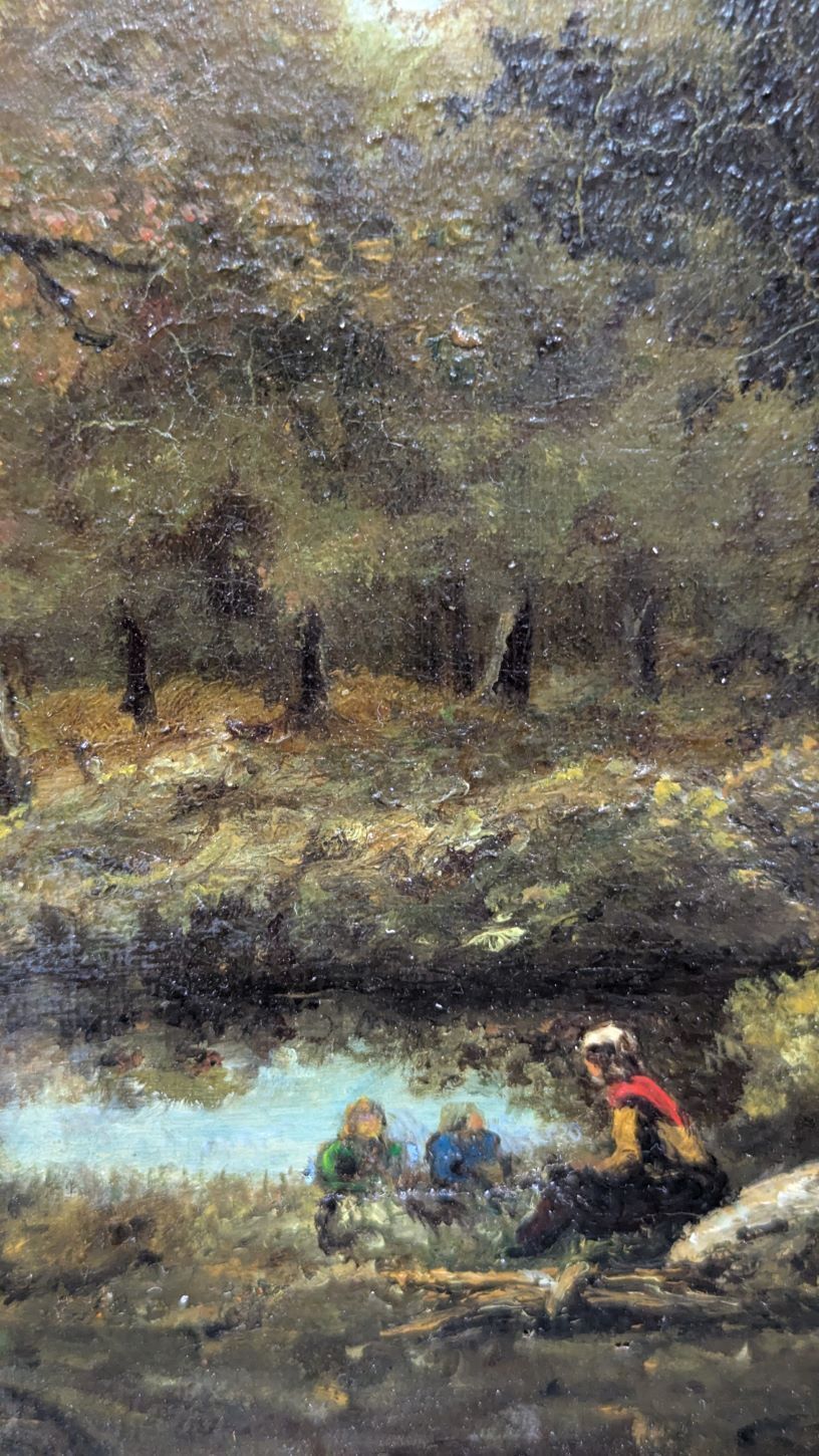 By Paul Vernon Oil On Canvas In The Style Of The Barbizon School Lively Wooded Scene At The Water's Edge 19th Century photo for sale