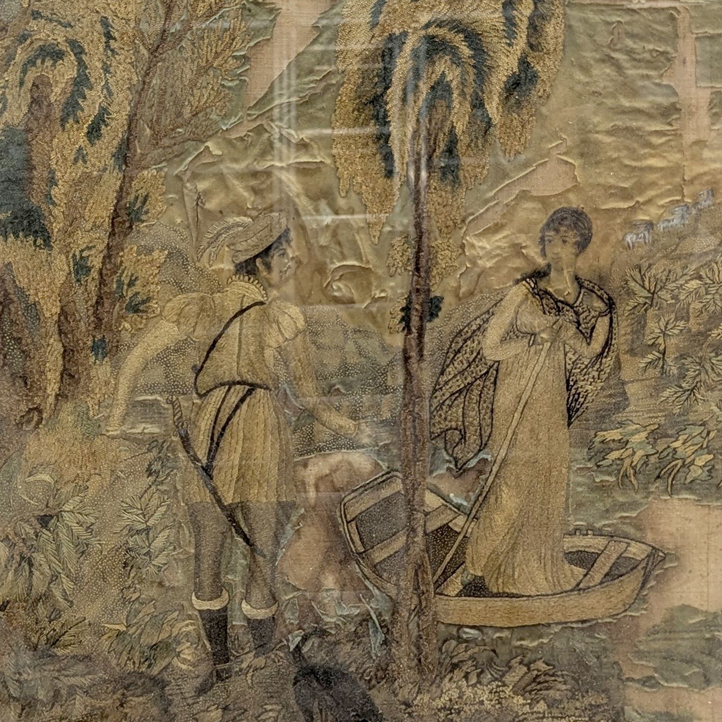 English Or French School, Late 18th – Early 19th Century Gallant Scene At The Water’s Edge – Embroidery On Silk photo furniture
