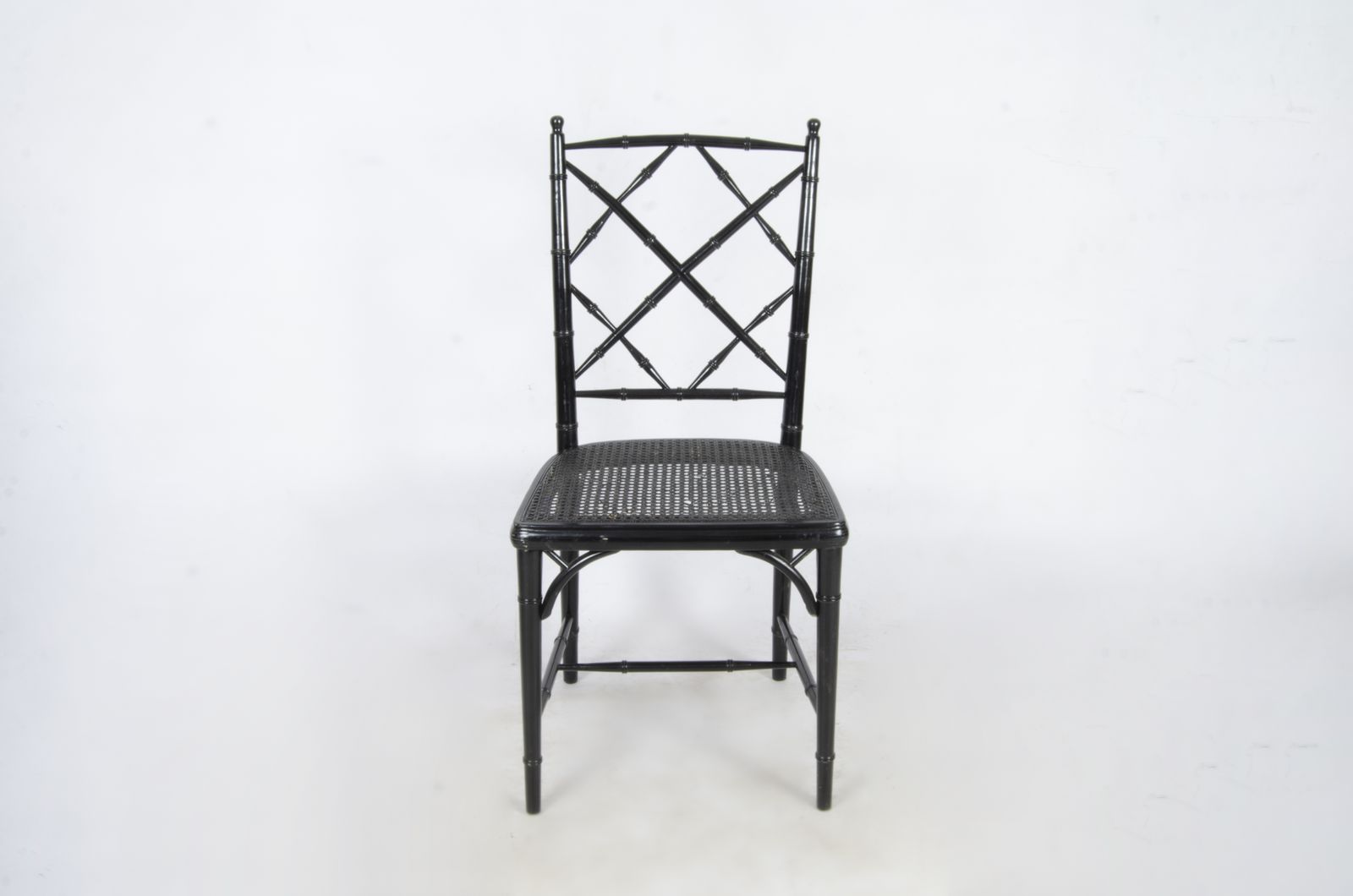 Set Of Eight Hollywood Regency Black Lacquered Rattan/Faux Bamboo Dining Chairs In The Manner Of Maison Jansen, France photo vinterior