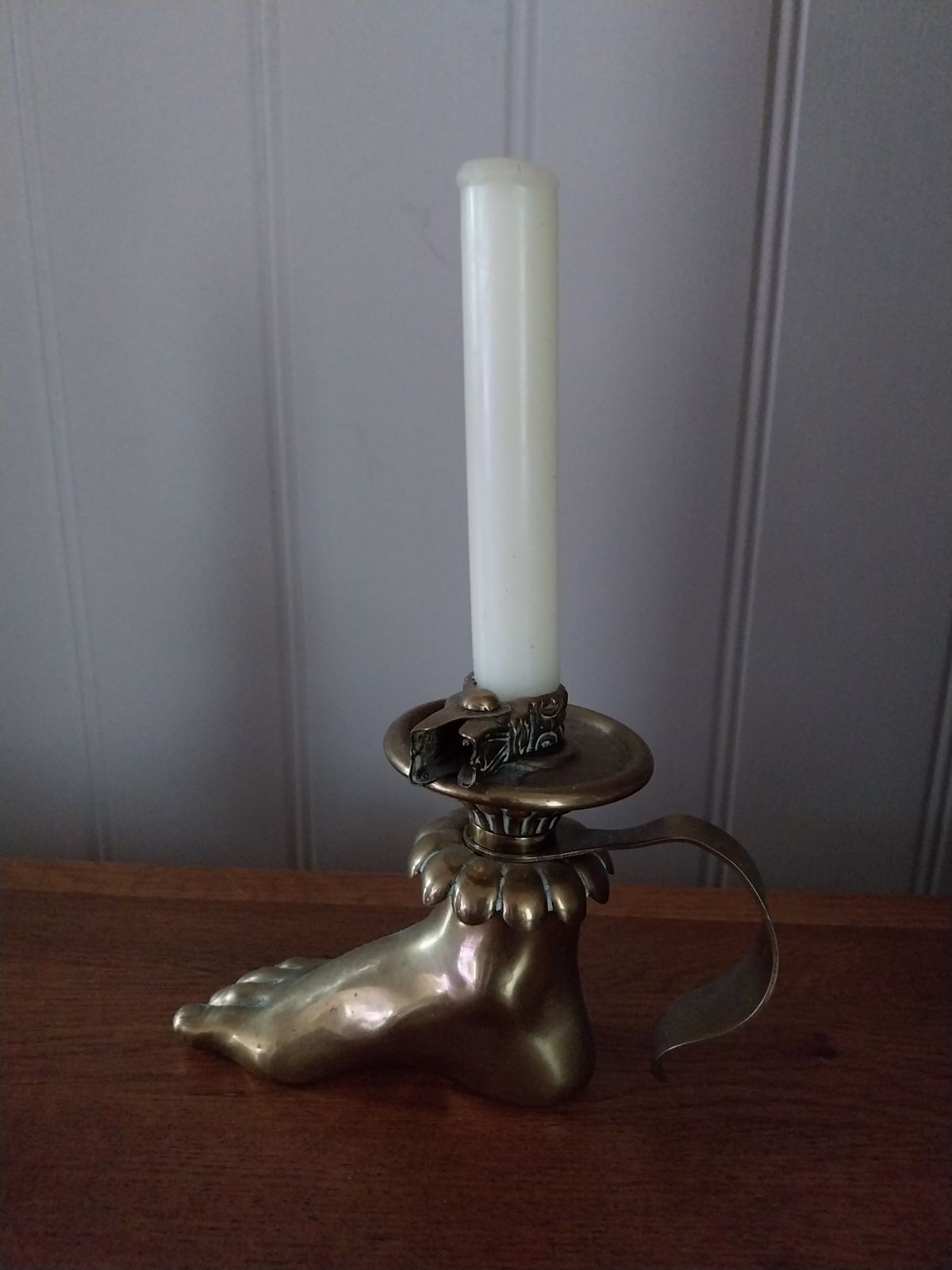 Rare Brass Candlesticks / Chamberstick In The Form Of A Foot. Randells Patent. 1896