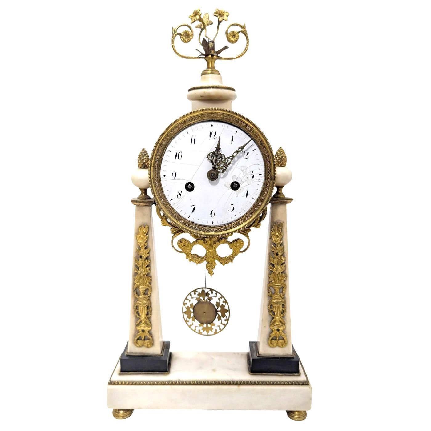 Louis XVI Period Portico Clock In Gilded Bronze And White Marble