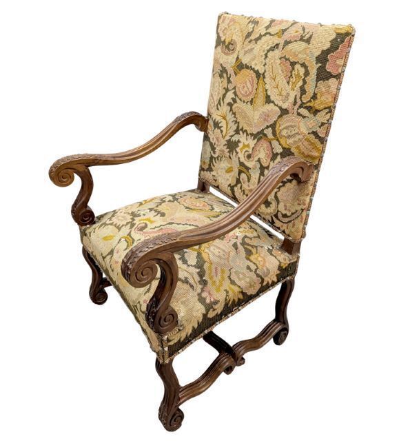 Louis XIII Style Armchair In Carved Walnut, Needlepoint Tapestry, Late 19th Century photo furniture