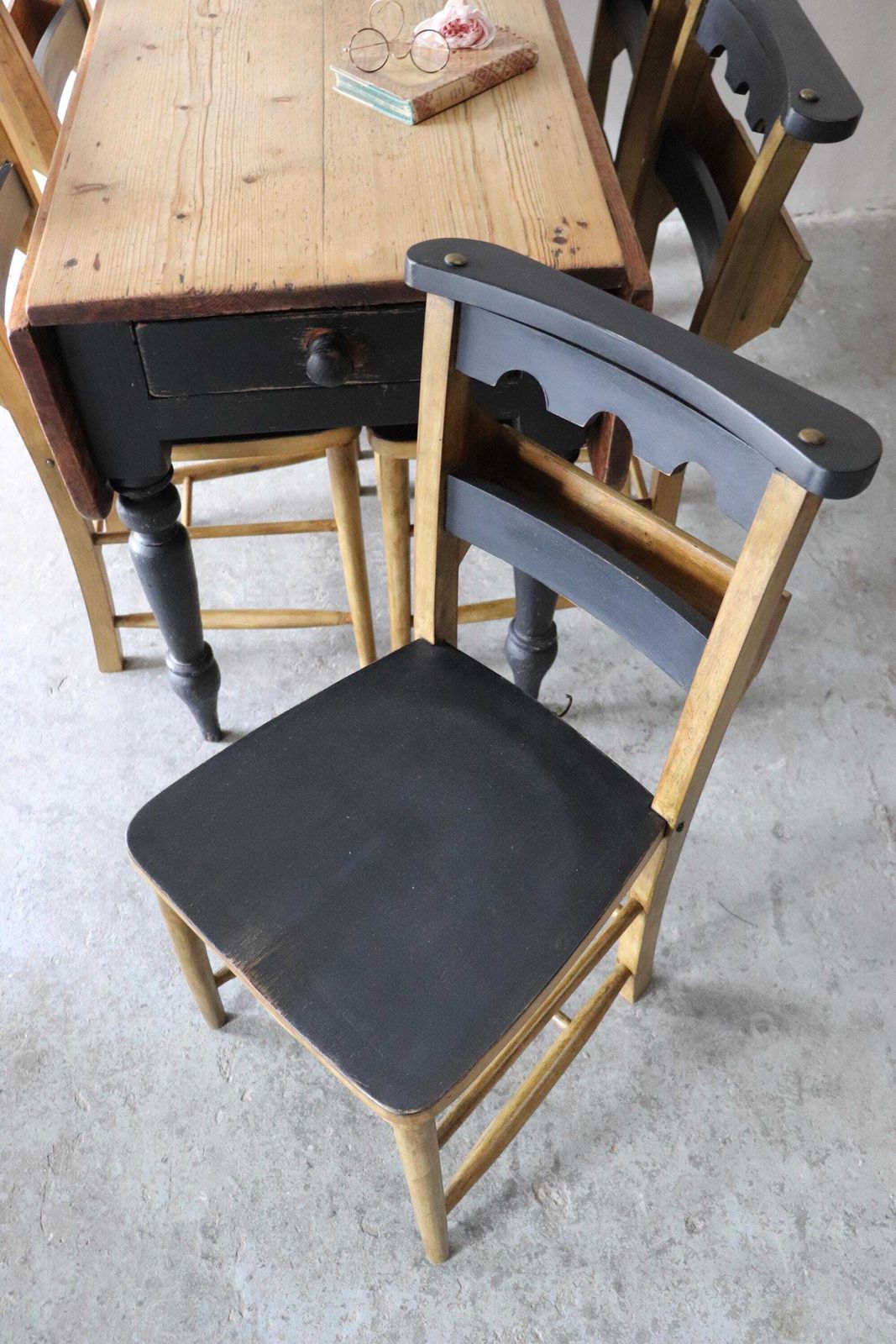 Striking Set Of Six Part Painted Vintage Welsh Chapel Chairs photo furniture