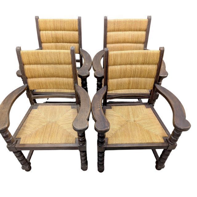 Series Of 4 Armchairs In Turned Wood And Straw By Charles Dudouyt photo for sale