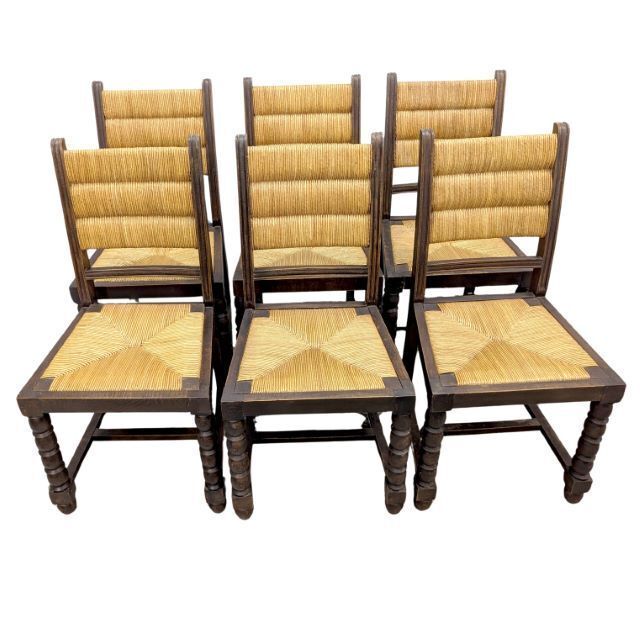 Series Of 6 Turned Wood And Straw Chairs By Charles Dudouyt photo for sale