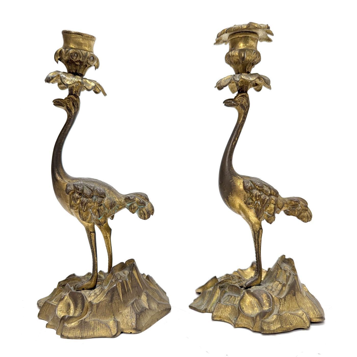 Pair Of 19th Century Gilt Bronze Candlesticks With Ostriches