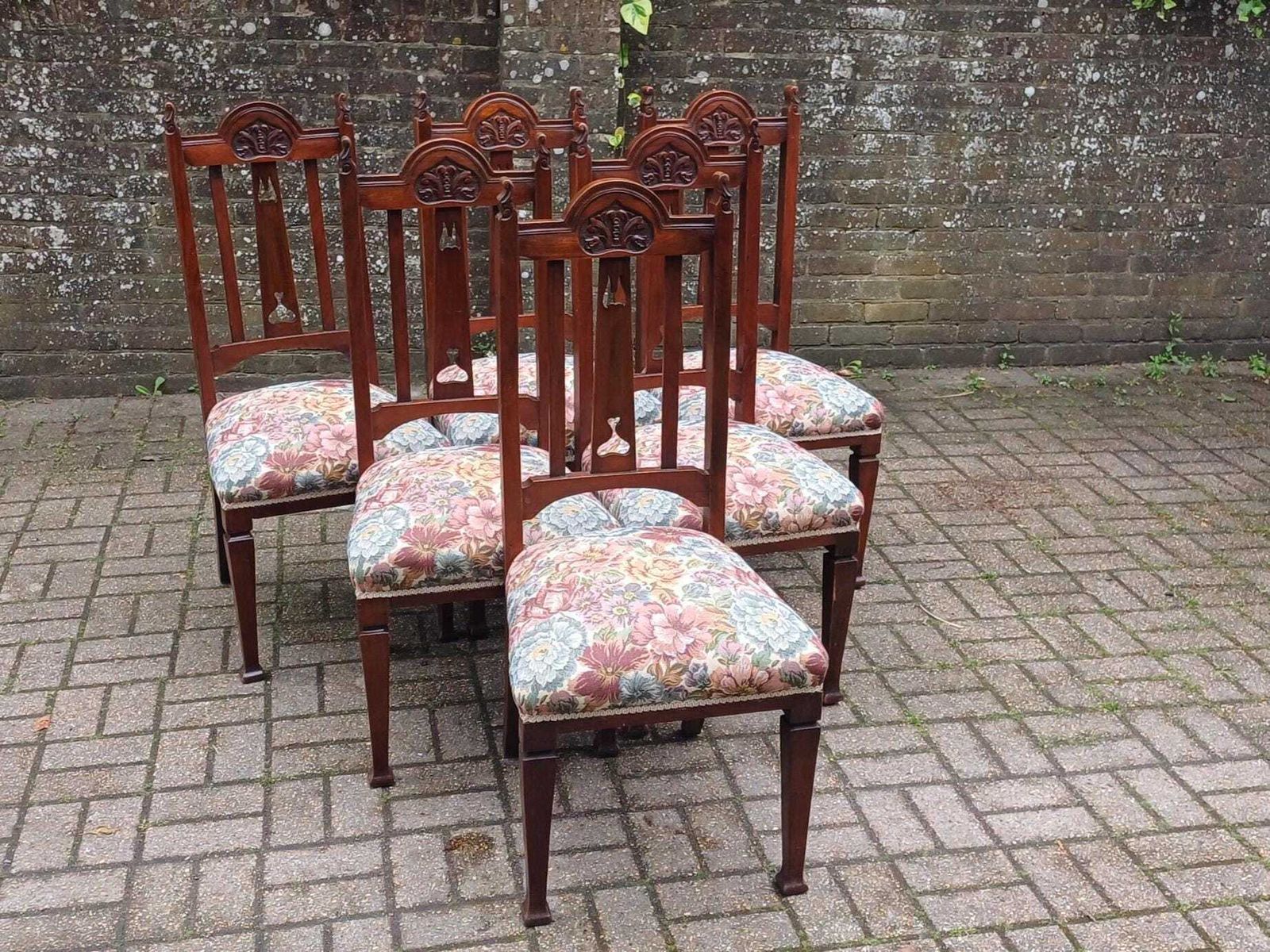 Set Of 6 Antique Carved Walnut Dining Chairs With Floral Tapestry Seats Art Nouveau High End Quality