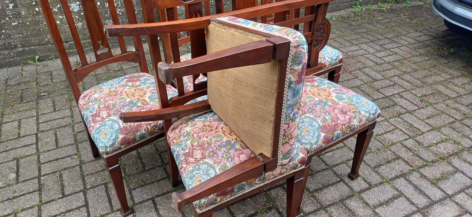 Set Of 6 Antique Carved Walnut Dining Chairs With Floral Tapestry Seats Art Nouveau High End Quality photo Furniture