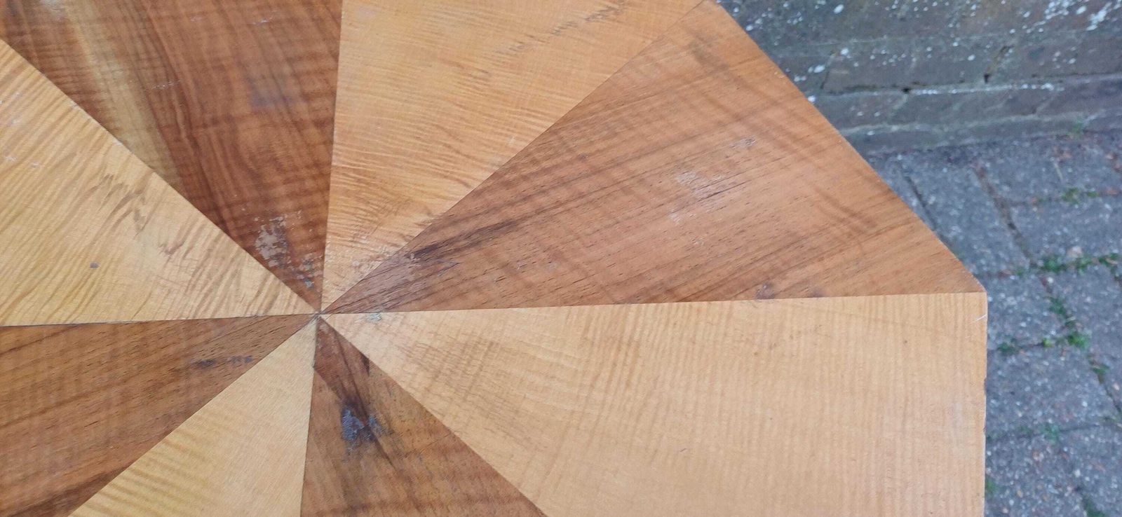 Art Deco Handcrafted Wooden Pedestal Table – Octagonal Sunburst Veneer Top, Vintage Side Or Display Table Free Hand Delivery photo furniture
