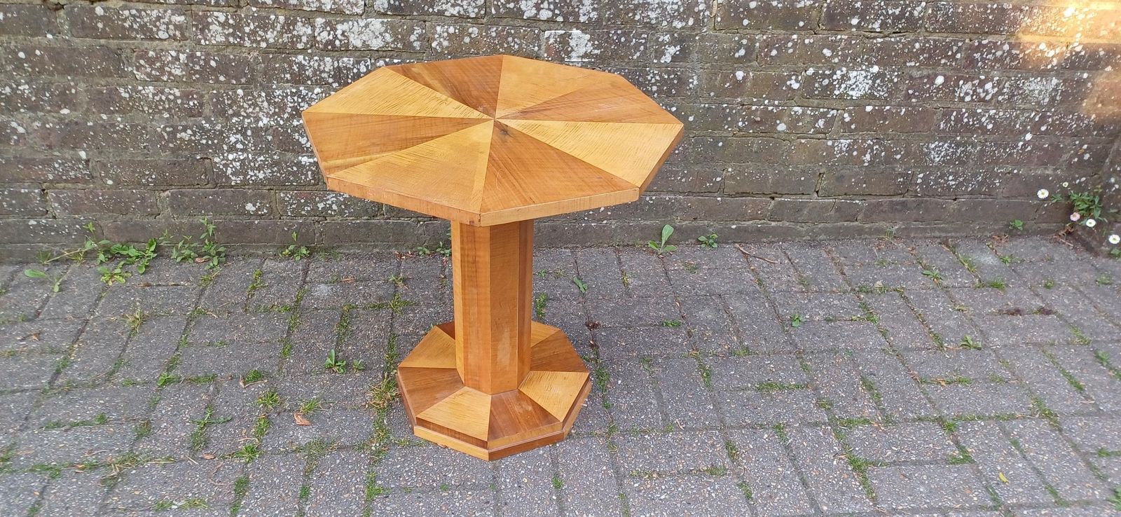 Art Deco Handcrafted Wooden Pedestal Table – Octagonal Sunburst Veneer Top, Vintage Side Or Display Table Free Hand Delivery photo Furniture