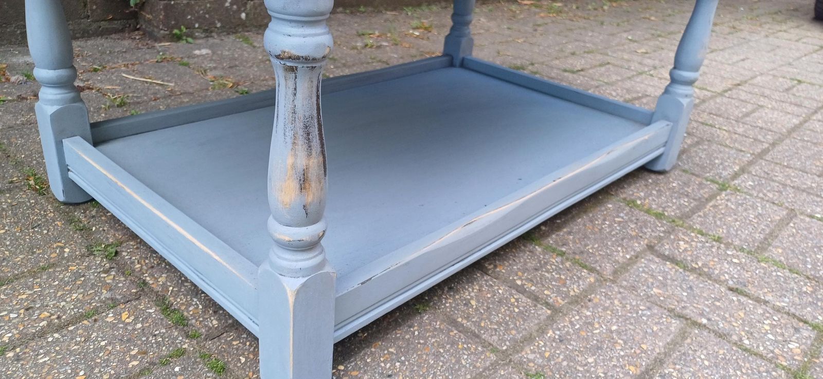Rustic Grey Painted Coffee Table With Oak Veneer Top Sliding Storage Vintage Style With Danish Oil Finish Blue Grey Free Hand Delivery photo for sale