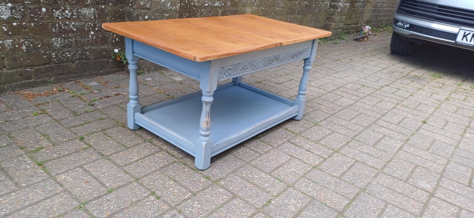 Rustic Grey Painted Coffee Table With Oak Veneer Top Sliding Storage Vintage Style With Danish Oil Finish Blue Grey Free Hand Delivery photo vintage