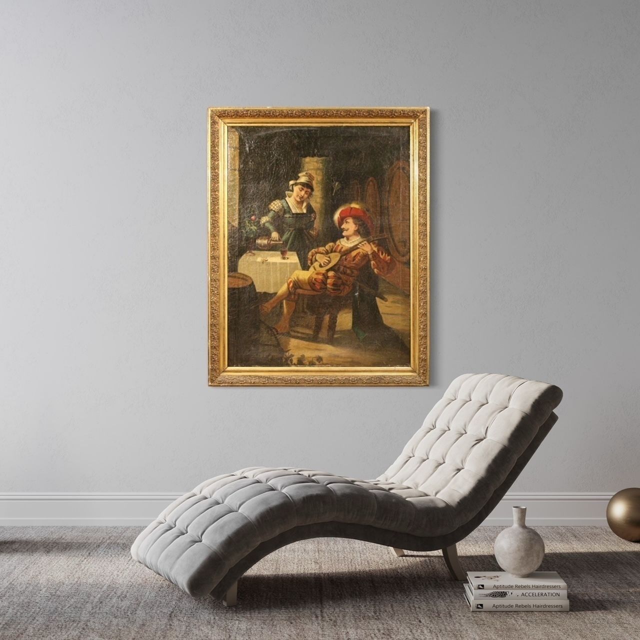 Italian Painting Interior Scene With Musician Oil On Canvas photo for sale