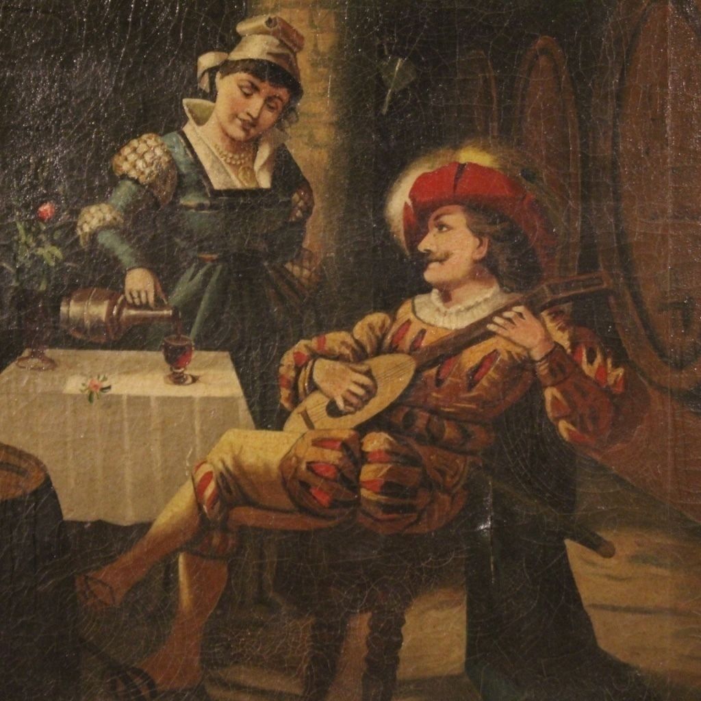 Italian Painting Interior Scene With Musician Oil On Canvas photo vintage