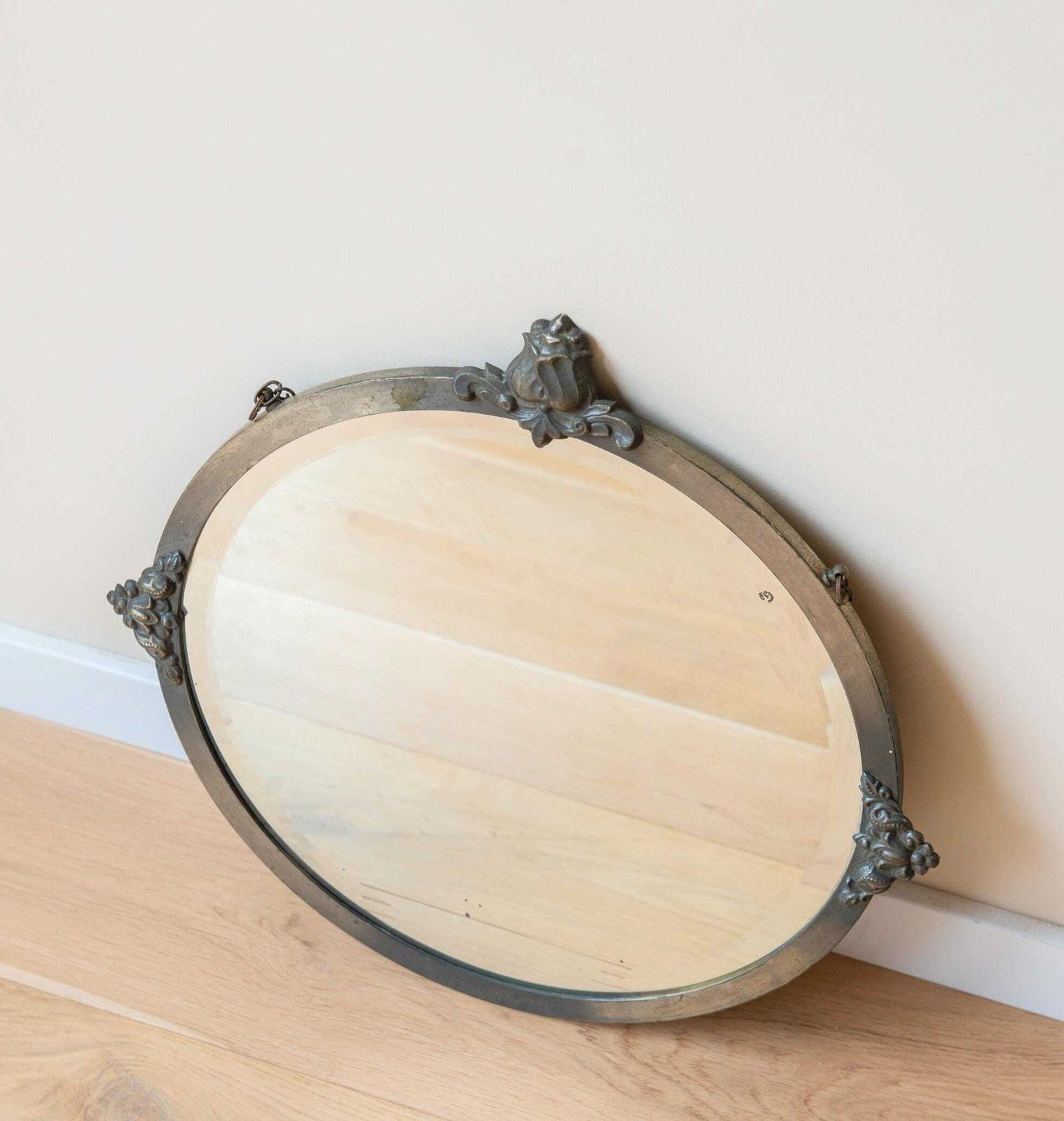 Art Deco Mirror With Hanging Chain   Antique Silver Round Wall Mirror   Beveled Glass   1930s Design   Gothic Revival photo for sale