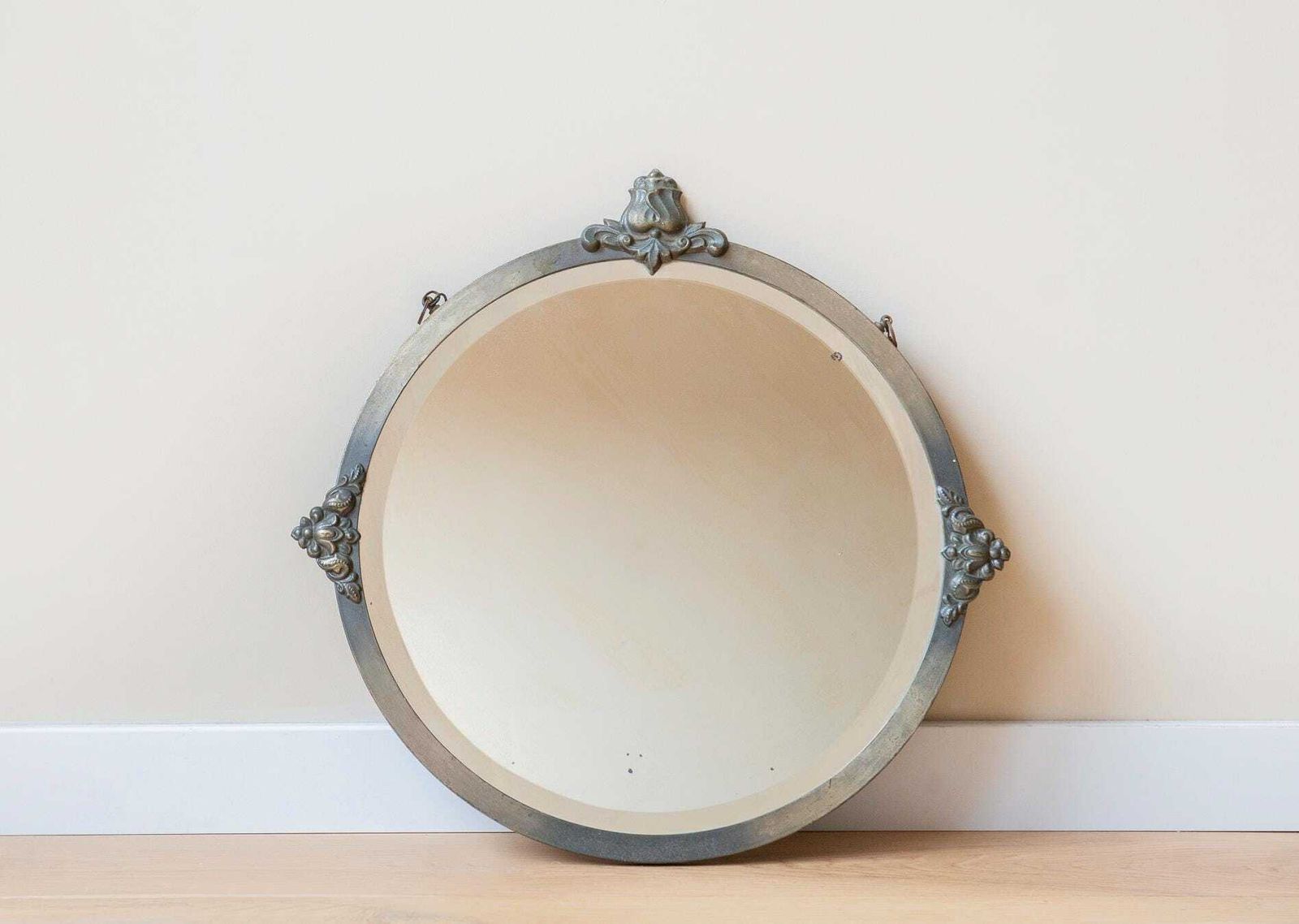 Art Deco Mirror With Hanging Chain   Antique Silver Round Wall Mirror   Beveled Glass   1930s Design   Gothic Revival photo Home Decor