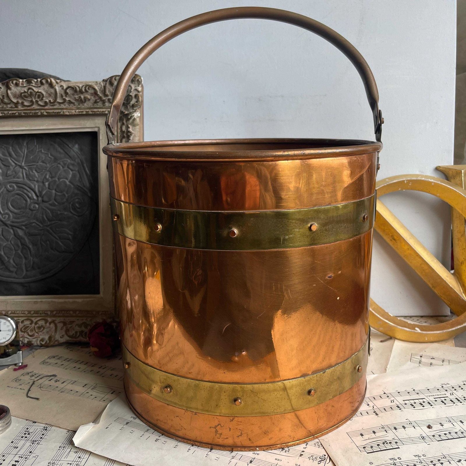 photo furniture Vintage Copper And Brass Bound Coal Bucket   Fireplace Accessories   Plant Pot   Rustic Home Decor   Shabby Chic